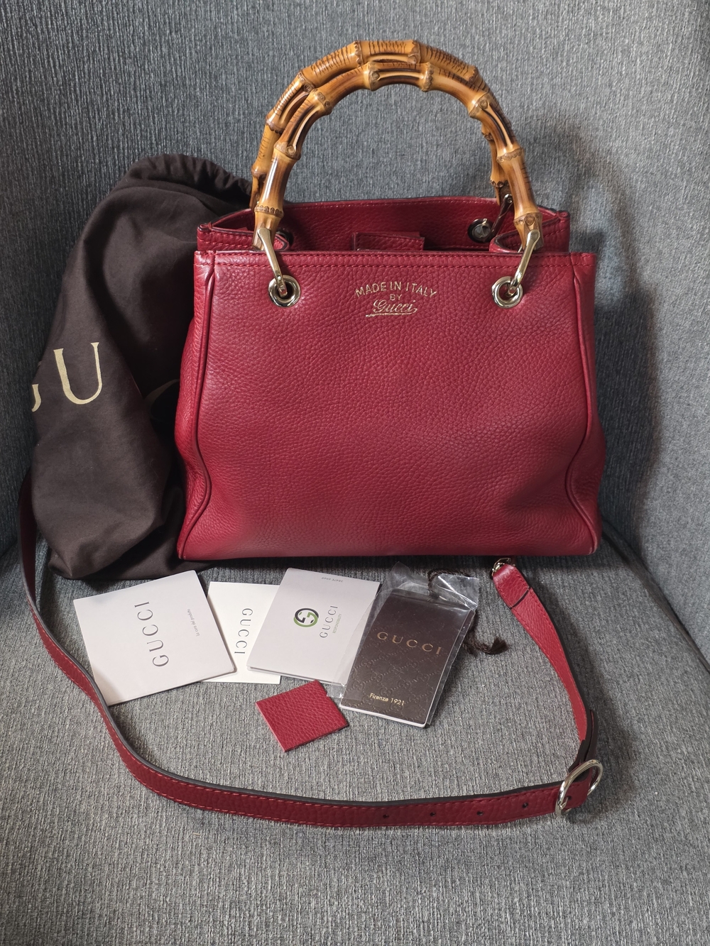 Gucci Bamboo Daily Medium Red Pebbled Leather Top Handle Crossbody Satchel